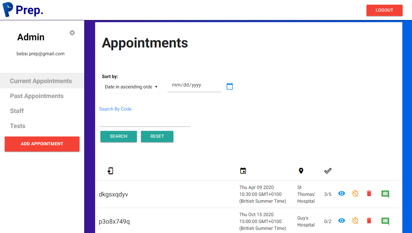 Wep app appointments page